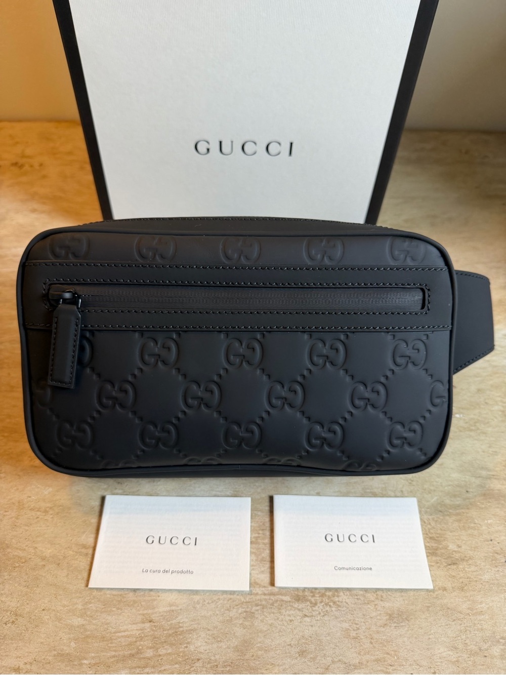 Gucci Matte Black GG Embossed Leather Belt Bag